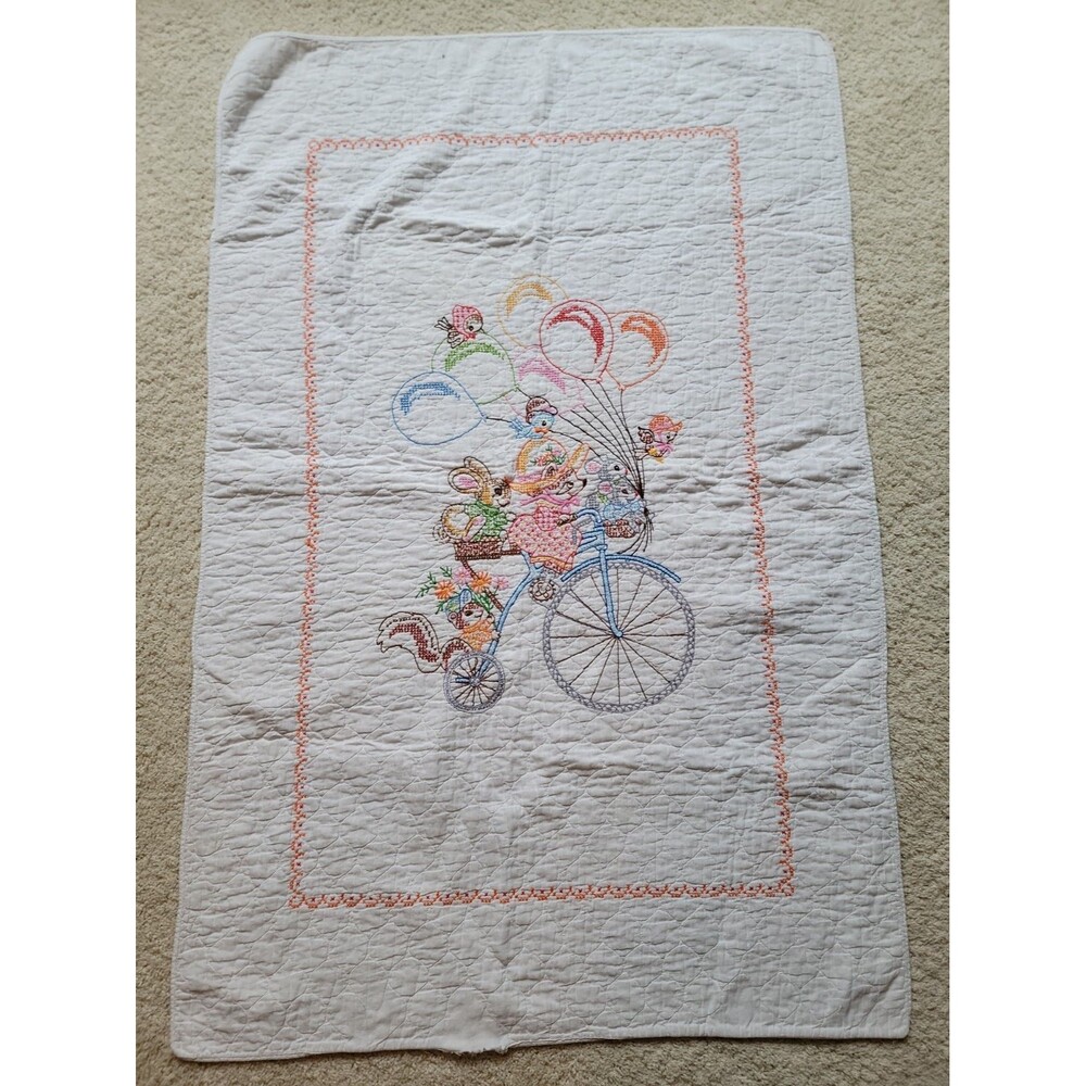 Vintage Handmade Crib Blanket Crossstitch Forest Critters 51x33